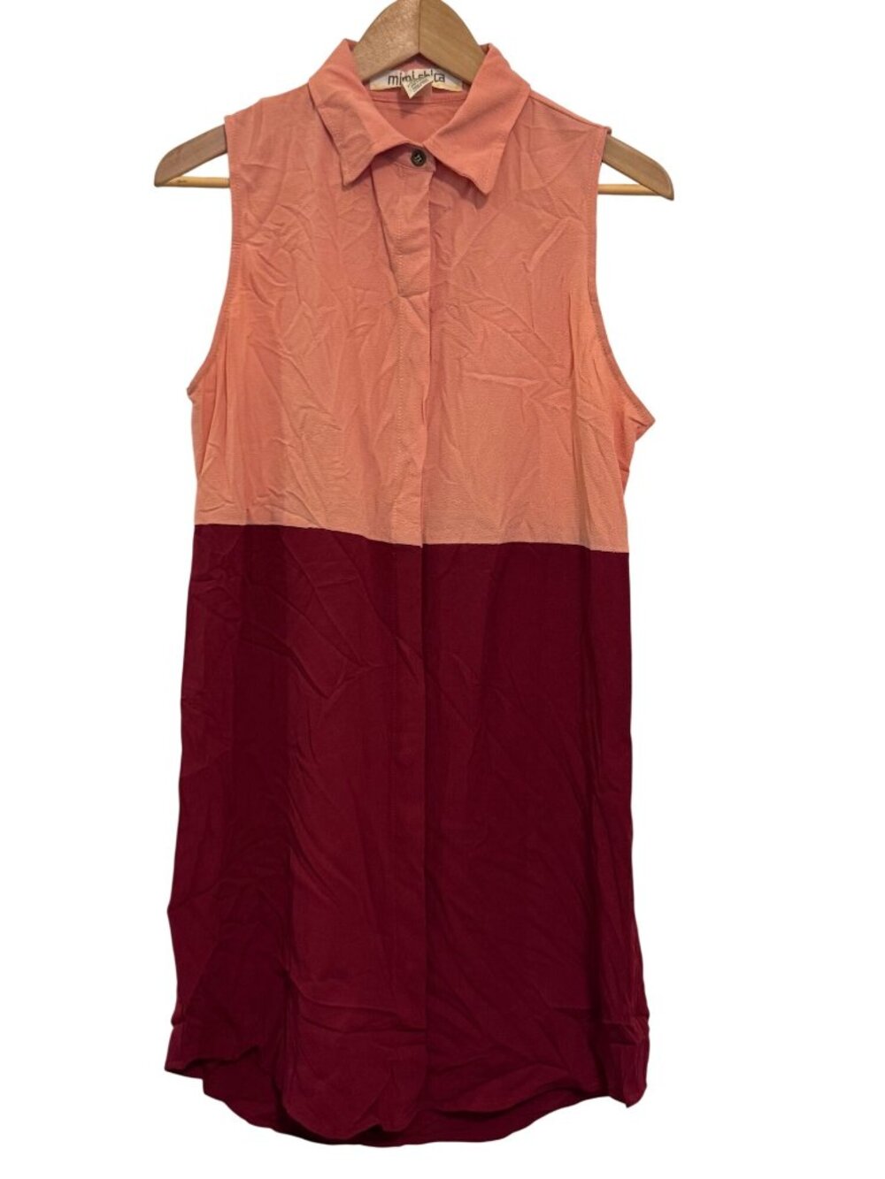 Colorblock Sleeveless Collared Button-Down Shirt Dress In Pink & Burgundy By Mim